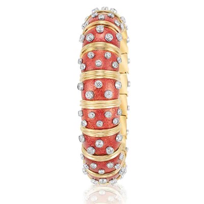 Lot 530 - Gold, Platinum, Deep Pinkish-Orange Enamel and Diamond Bangle Bracelet, Tiffany & Co., Schlumberger
