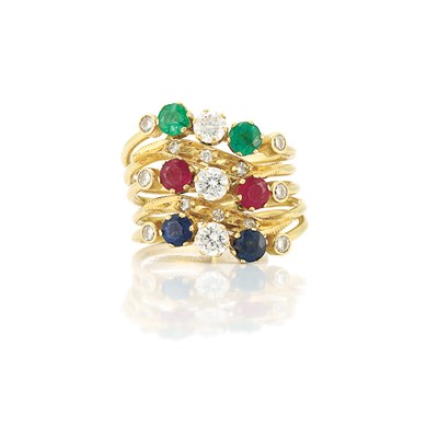 Lot 337 - Five Band Gold, Diamond, Ruby, Sapphire and Emerald Ring
