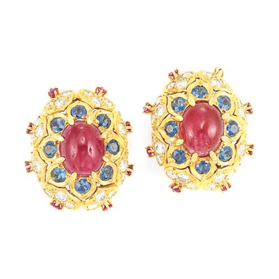 Lot 58 - Pair of Gold, Cabochon Ruby, Sapphire and Diamond Earclips