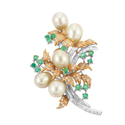 Lot 142 - Two-Color Gold, Golden Cultured Pearl, Emerald and Diamond Brooch
