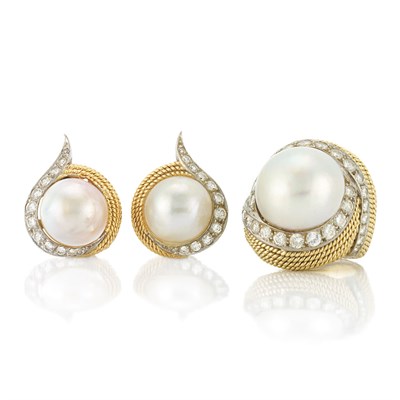 Lot 269 - Gold, Mabe Pearl and Diamond Ring and Pair of Earclips