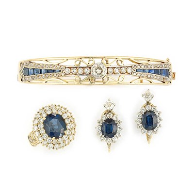 Lot 284 - Gold, Diamond and Sapphire Bangle Bracelet, Pair of Earclips and Ring