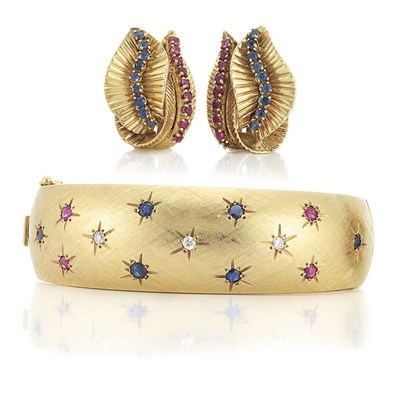 Lot 86 - Gold, Ruby, Sapphire and Diamond Bangle Bracelet and Pair of Earclips