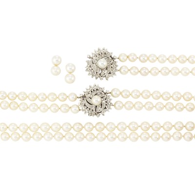 Lot 77 - Double Strand Cultured Pearl Necklace and Bracelet and Pair of Earclips