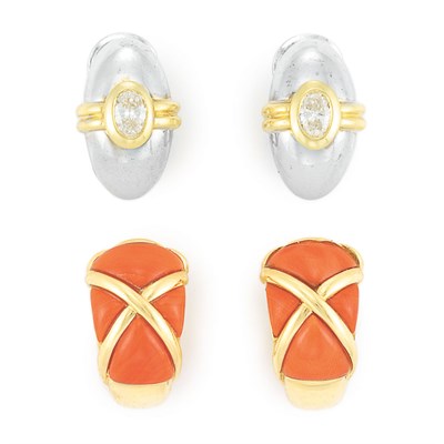 Lot 101 - Two Pairs of Gold, White Gold, Diamond and Coral Earclips