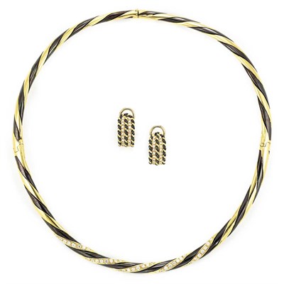 Lot 621 - Gold and Blackened Gold and Diamond Necklace and Pair of Earclips