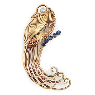 Lot 438 - Gold, Sapphire and Diamond Bird Clip-Brooch