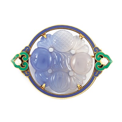 Lot 627 - Art Deco Gold, Carved Blue Chalcedony, Enamel and Pearl Brooch