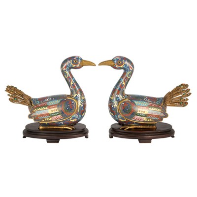Lot 86 - Pair of Chinese Cloisonne Bird-Form Vessels...