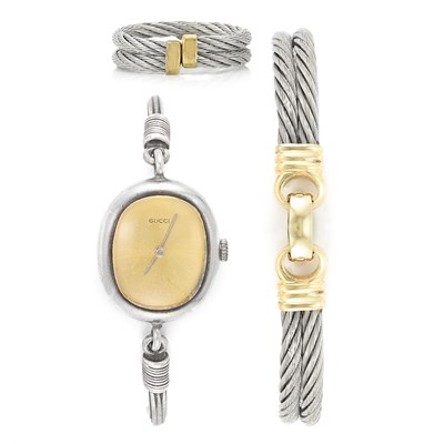 Lot 70 - Sterling Silver Bangle-Watch, Gucci, and Stainless Steel and Gold Bangle and Band Ring
