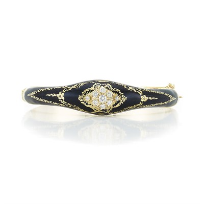 Lot 350 - Gold, Diamond and Black Enamel Bangle Bracelet