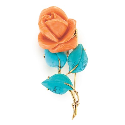 Lot 11 - Gold, Carved Coral and Turquoise Flower Brooch
