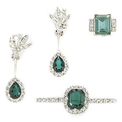 Lot 661 - Costume Faux Emerald and Rhinestone Brooch and Pair of Pendant-Earrings and White Gold, Simulated Emerald and Diamond Ring