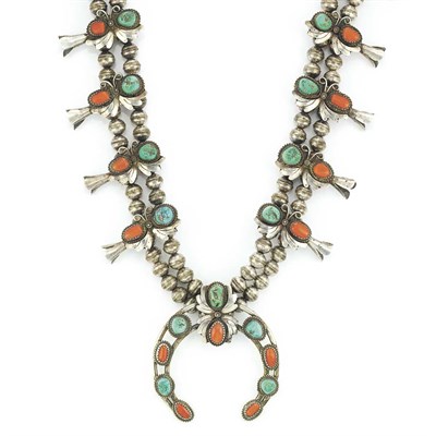 Lot 382 - Native American Indian Silver, Turquoise and Coral Squash Blossom Necklace