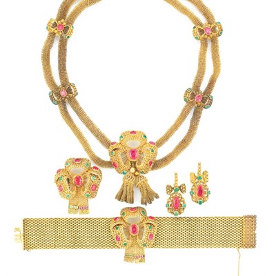 Lot 567 - Suite of Antique Gold, Foiled-Back Emerald and Simulated Ruby Jewelry