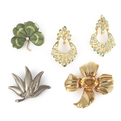 Lot 789 - Four Gold Brooches and Three Pairs of Earrings