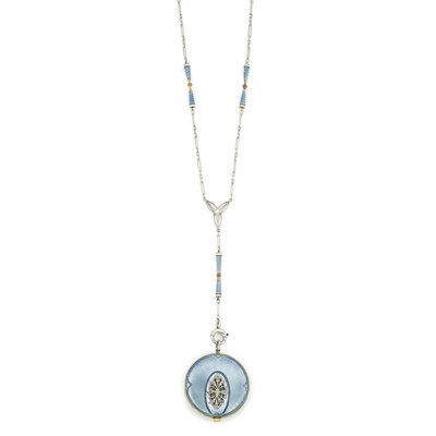 Lot 743 - Edwardian Platinum, Gold, Blue Guilloche Enamel and Diamond Pendant-Watch with Chain