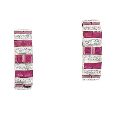 Lot 763 - Pair of White Gold, Ruby and Diamond Half-Hoop Earrings