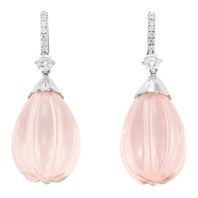 Lot 613 - Pair of White Gold, Fluted Pink Quartz and Diamond Pendant-Earrings