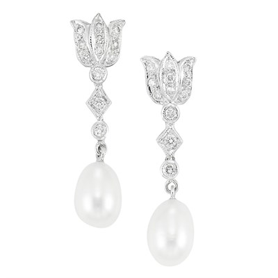 Lot 396 - Pair of White Gold, Diamond and Biwa Pearl Pendant-Earrings
