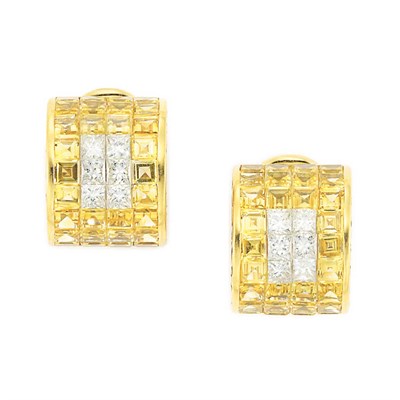 Lot 807 - Pair of Yellow Sapphire and Diamond Half-Hoop Earclips