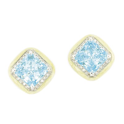 Lot 571 - Pair of White Gold, Light Green Enamel, Hydrothermal Blue Quartz and Diamond Earrings