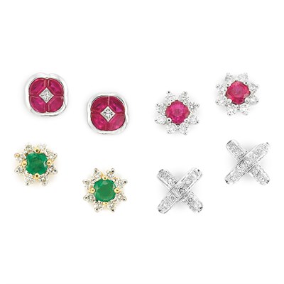 Lot 43 - Four Pairs of Gem-Set and Diamond Earrings