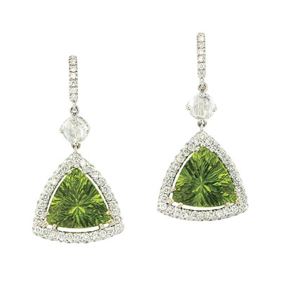 Lot 767 - Pair of White Gold, Peridot and Diamond Pendant-Earrings