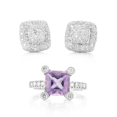 Lot 120 - Amethyst and Diamond Ring and Pair of Diamond Earrings