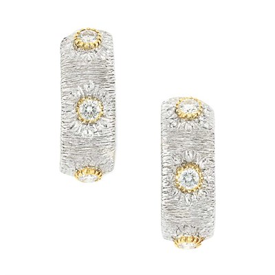Lot 488 - Pair of White and Yellow Gold and Diamond Half-Hoop Earrings