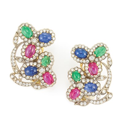 Lot 109 - Pair of Cabochon Colored Stone and Diamond Earclips