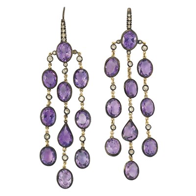 Lot 783 - Pair of Amethyst and Diamond Pendant-Earrings