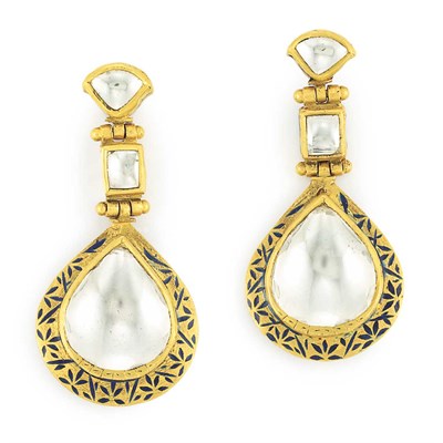 Lot 357 - Pair of Indian Gold, Enamel and Foiled-Back Rock Crystal Pendant-Earrings
