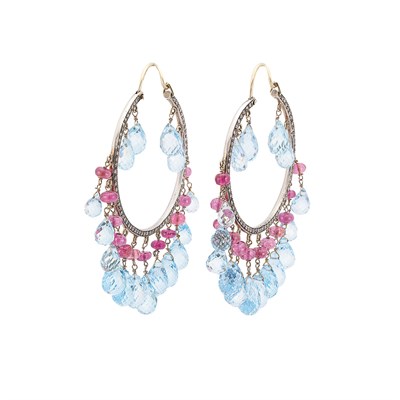 Lot 602 - Pair of White Gold, Blue Topaz, Pink Tourmaline and Diamond Fringe Hoop Earrings