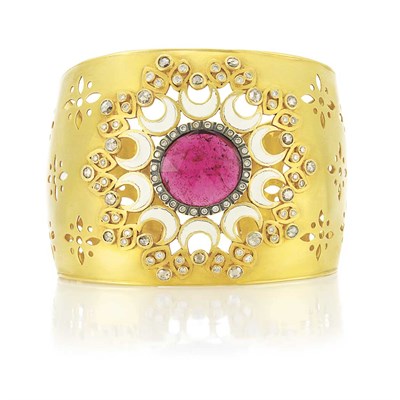 Lot 500 - Indian Gold, Enamel, Rubellite and Diamond Cuff Bangle Bracelet