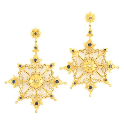 Lot 214 - Pair of Gold, Diamond and Sapphire Pendant-Earrings