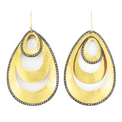 Lot 373 - Pair of Indian Gold, Silver and Diamond Hoop Pendant-Earrings