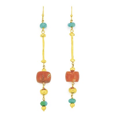 Lot 558 - Pair of Gold, Coral and Turquoise Bead Pendant-Earrings