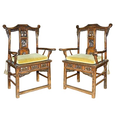 Lot 368 - Pair of Chinese Elmwood Armchairs 20th Century...
