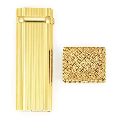 Lot 713 - Gold Pill Box and Gold-Plated Cigarette Lighter, Cartier