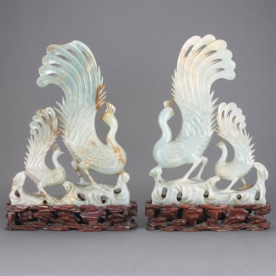 Lot 230 - Pair of Celadon Jade Peacock Groups 19th/20th...