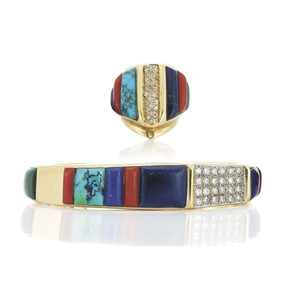 Lot 342 - Gold, Diamond and Hardstone Cuff Bangle Bracelet and Ring