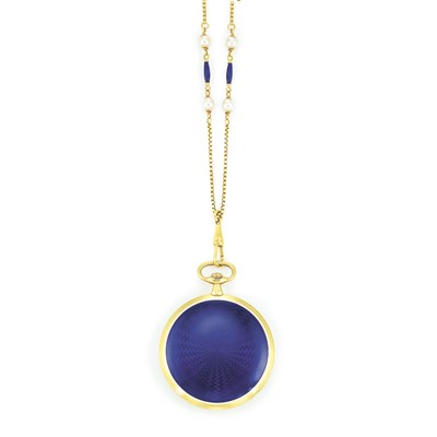 Lot 374 - Gold and Enamel Open Face Pendant-Watch with Gold, Enamel and Cultured Pearl Chain Necklace