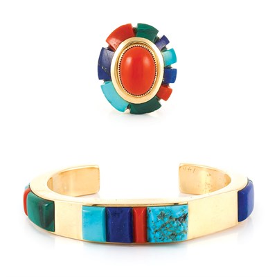Lot 122 - Gold and Hardstone Cuff Bangle Bracelet and Ring