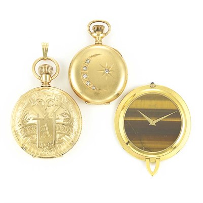 Lot 552 - Gold and Tiger's Eye Pendant-Watch, Piaget, and Two Hunting Case Pocket Watches