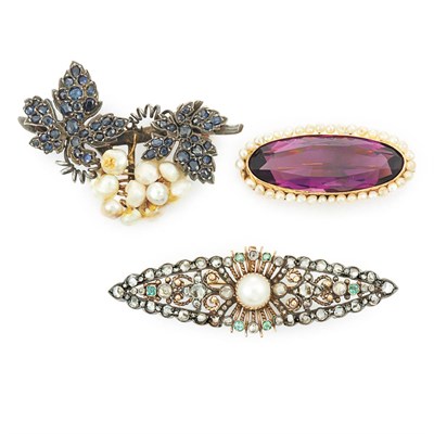 Lot 366 - Group of Period Gold, Silver, Diamond and Stone Brooches