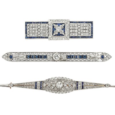 Lot 533 - Three Diamond and Sapphire Bar Bar Pins