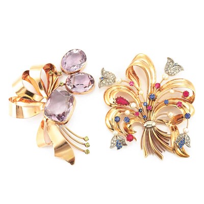 Lot 298 - Two Gold, Gem-Set, Synthetic Sapphire and Ruby and Diamond Bow Brooches