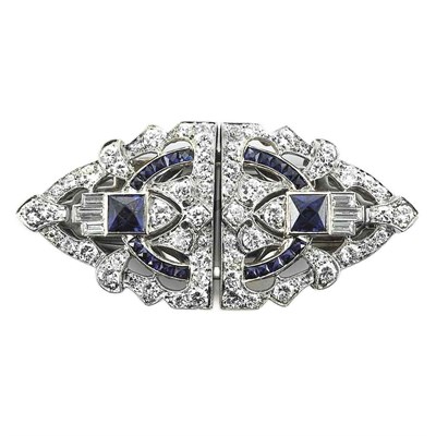 Lot 164 - Platinum, Diamond and Synthetic Sapphire Double Clip-Brooch