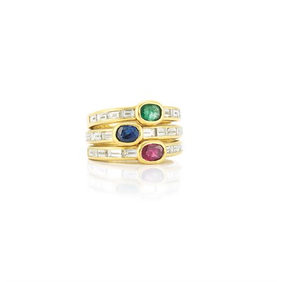 Lot 229 - Three Gold, Emerald, Sapphire, Ruby and Diamond Rings